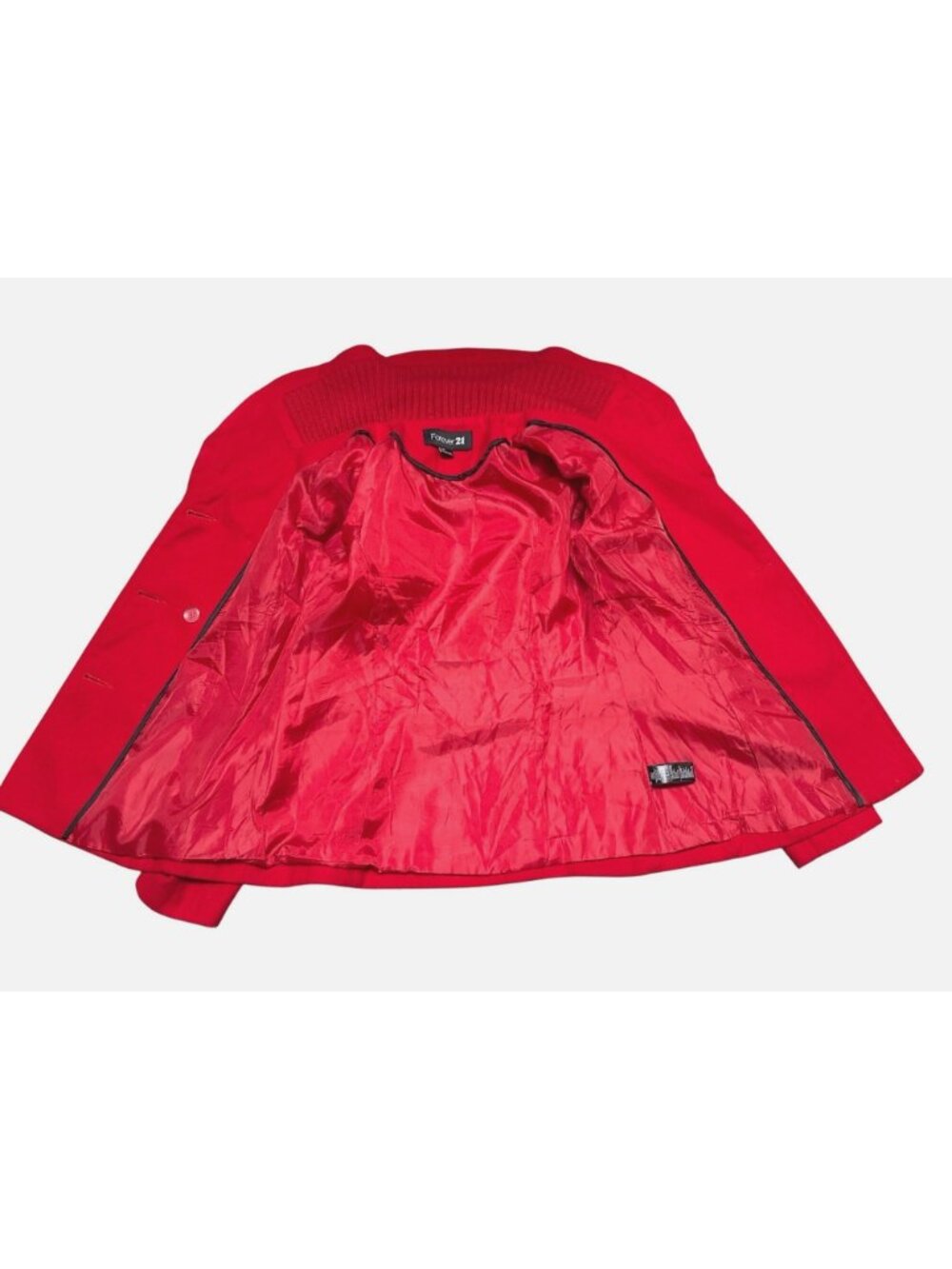 Forever 21 Size Small Red Peacoat Ribbed Shawl Collar Double Breasted Retro Chic - Picture 11 of 11